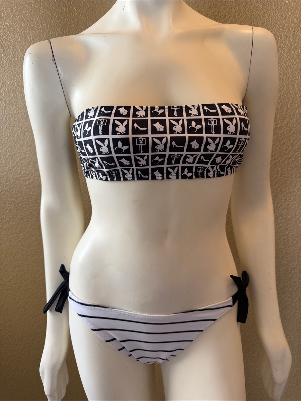 PLAYBOY Black & White Bandeau Bikini Set with Logo Print